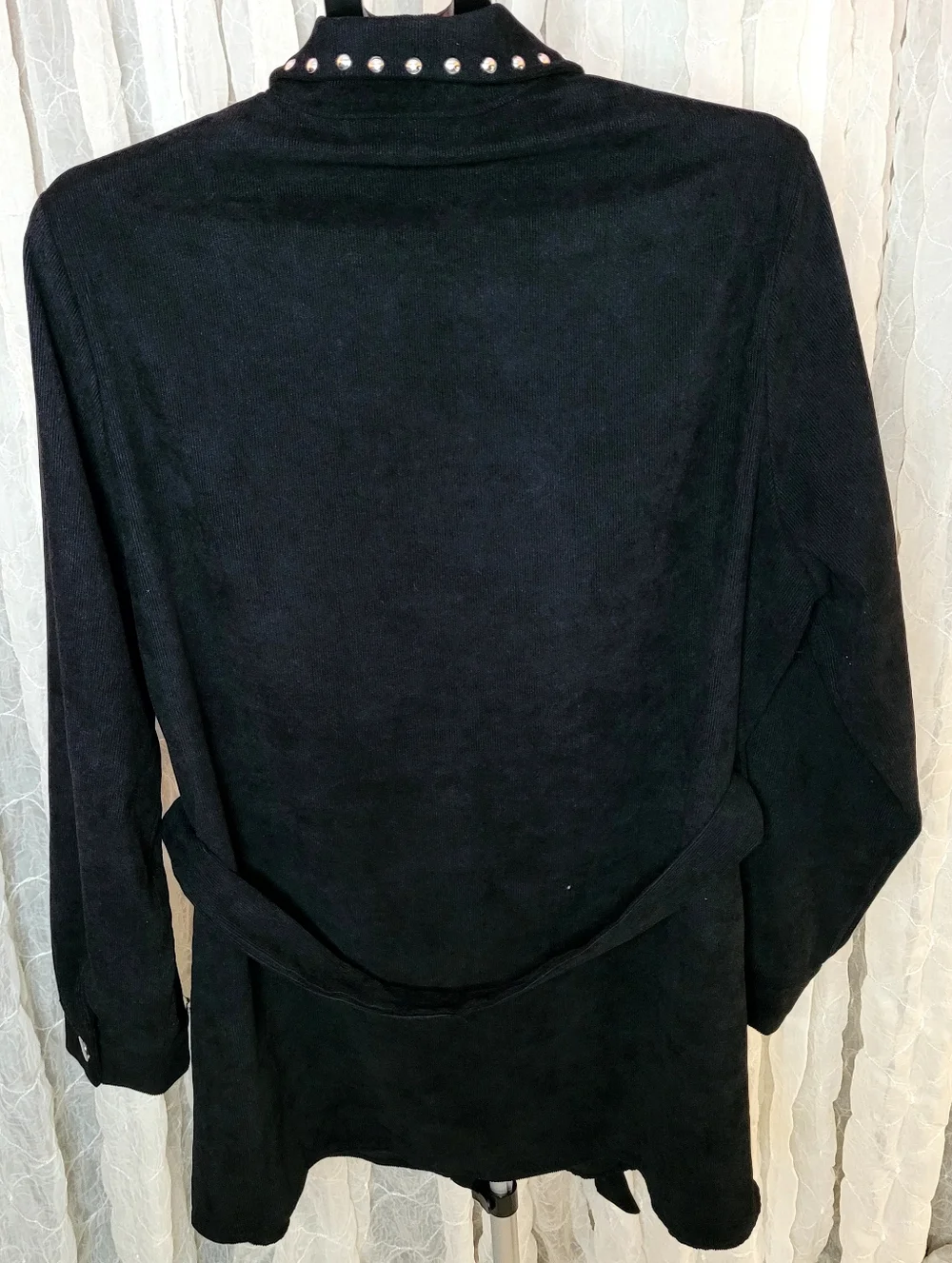 Shein Curve Black Corduroy Stud-Trim Collared Women's Belted Jacket Shacket